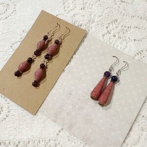 Garnet Amethyst & Red Paper Bead Earrings Set w Sterling Silver Ear Hooks Boho